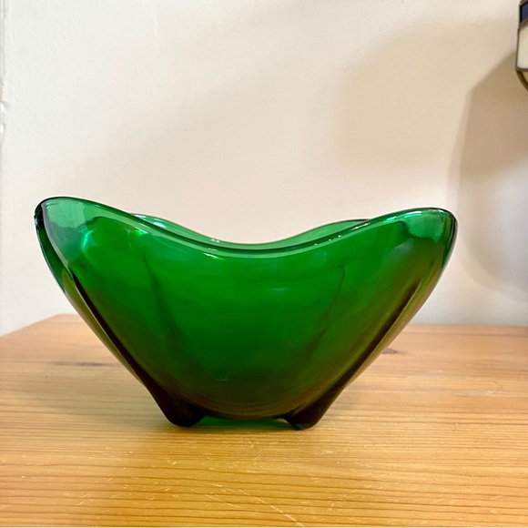 Antique 30s Depression Glass Bowl Emerald Forest Green Square Wave - Picture 6 of 6